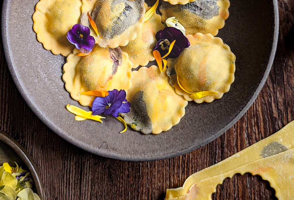 Edible Flower Pasta Ravioli with Spinach and Persian Feta