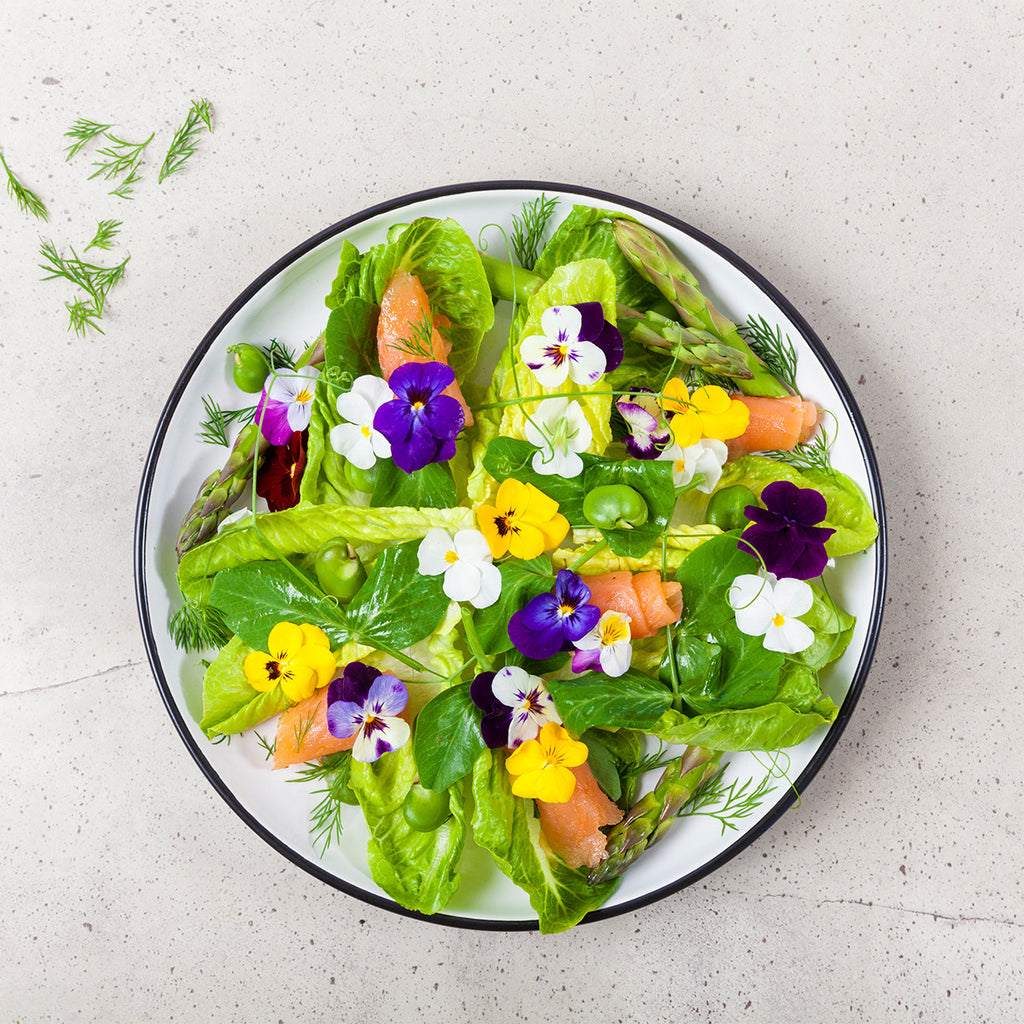 Baked Salmon Salad with Spring Vegetables and Edible Flowers - Petite Ingredient